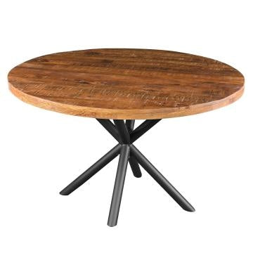Benzara 48 Inch Handcrafted Dining Table Solid Mango Wood Round Top With Iron Crisscrossed Legs Natural Brown And Black - UPT-273762