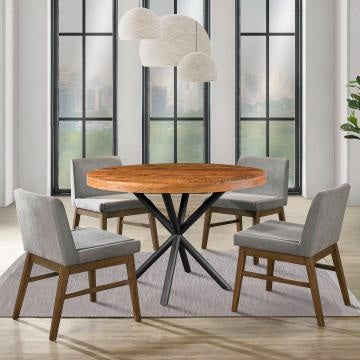 benzara 48 Inch Handcrafted Dining Table Solid Mango Wood Round Top with Iron Crisscrossed Legs Natural Brown and Black - UPT-273762