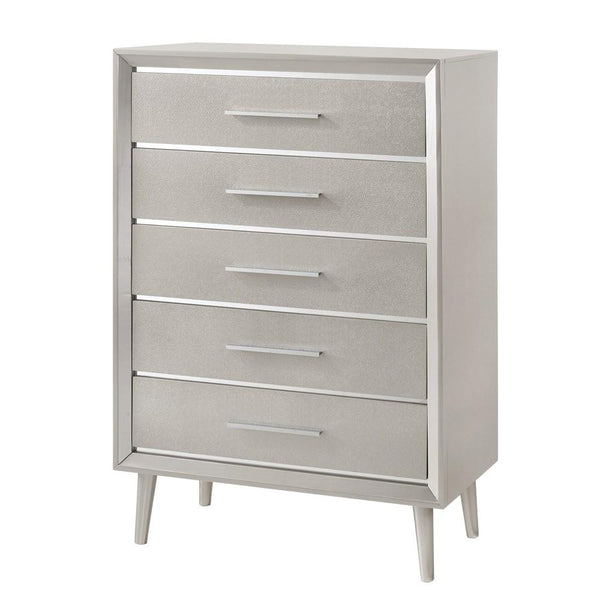 benzara 5 Drawer Contemporary Chest with Bar Handles and Splayed Legs Silver - BM215528