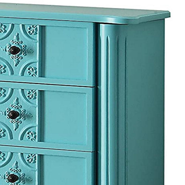 Benzara 5 Drawer Jewelry Armoire With Flip Top Mirror And Fluted Legs Blue - BM177735