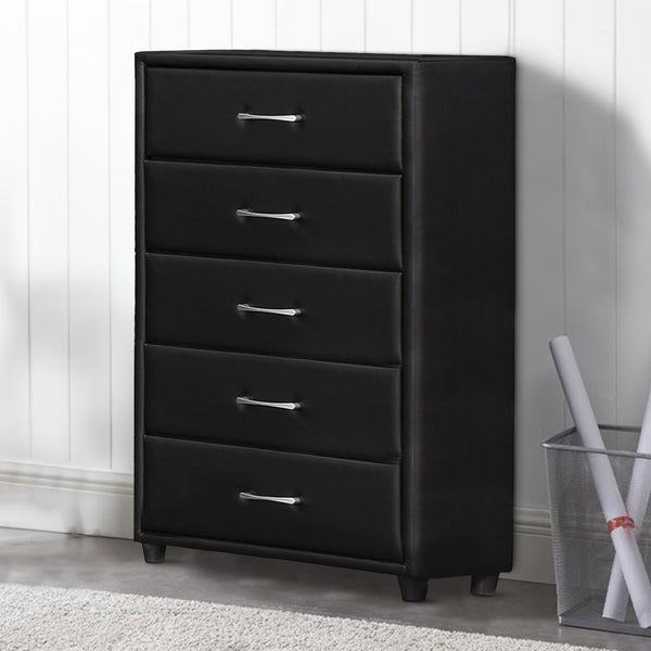benzara 5 Drawer Leatherette Wooden Frame Chest with Tapered legs Black - BM219899
