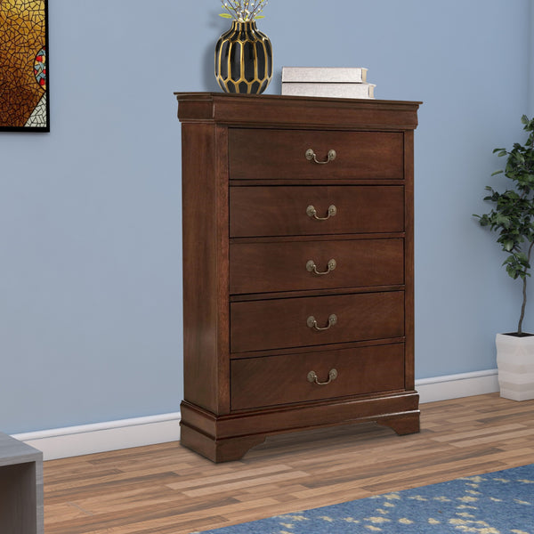 benzara 5 Drawer Wooden Chest with Metal Hardware Cherry Brown - BM181935
