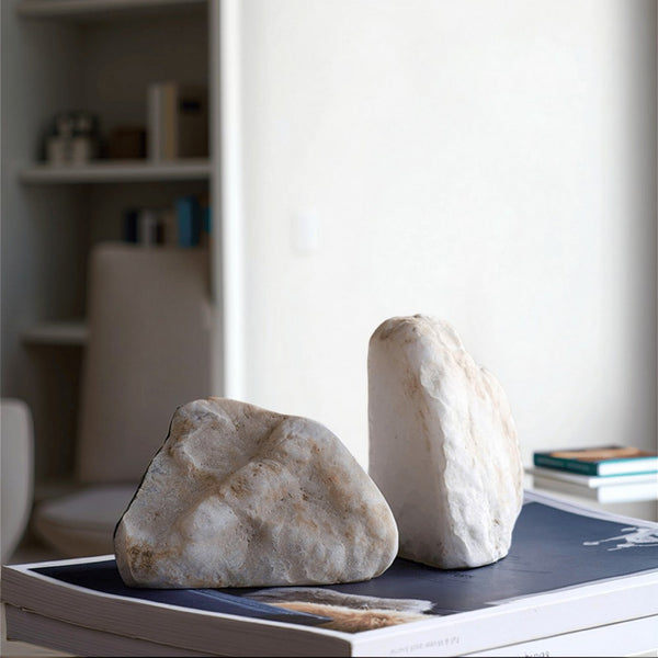 benzara 5 Inch Natural White Stone Bookends Artisanal Textured Geode Rock - BM285560