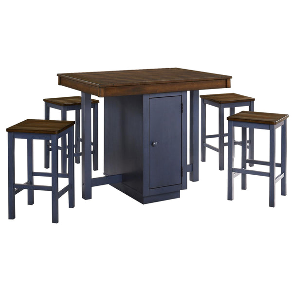 Benzara 5 Piece Counter Height Dining Table Set 4 Stools Antique Oak Blue Wood - BM312191