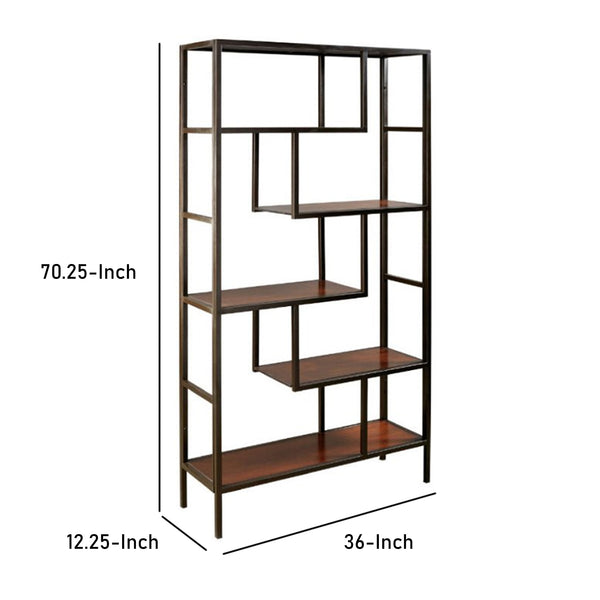 Benzara 5 Shelves Asymmetric Design Bookcase With Metal Frame In Brown And Black - BM210649