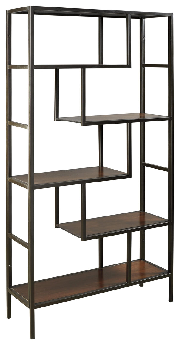 benzara 5 Shelves Asymmetric Design Bookcase with Metal Frame in Brown and Black - BM210649