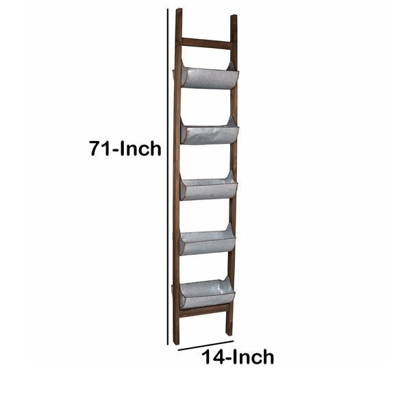 Benzara 5 Tier Wood And Metal Ladder Planter Brown And Silver - BM148588