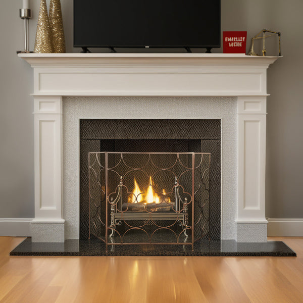 Benzara 50 Inch 3 Panel Metal Fireplace Screen Quatrefoil Design Bronze- BM05668