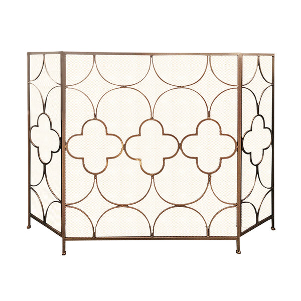 Benzara 50 Inch 3 Panel Metal Fireplace Screen Quatrefoil Design Bronze- BM05668