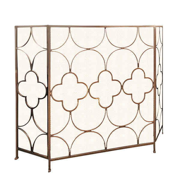 Benzara 50 Inch 3 Panel Metal Fireplace Screen Quatrefoil Design Bronze- BM05668