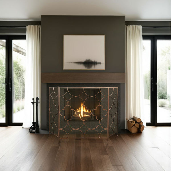benzara 50 Inch 3 Panel Metal Fireplace Screen Quatrefoil Design Bronze- BM05668