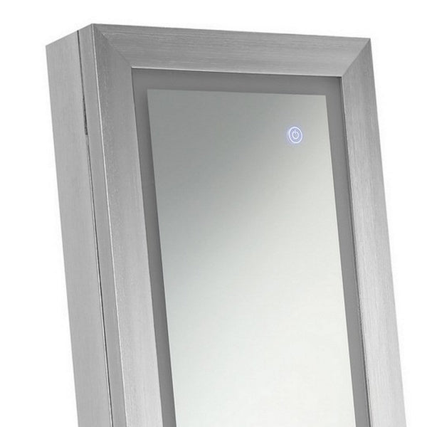 Benzara 58 Inch Full Body Floor Cheval Mirror Jewelry Storage LED Silver - BM282017