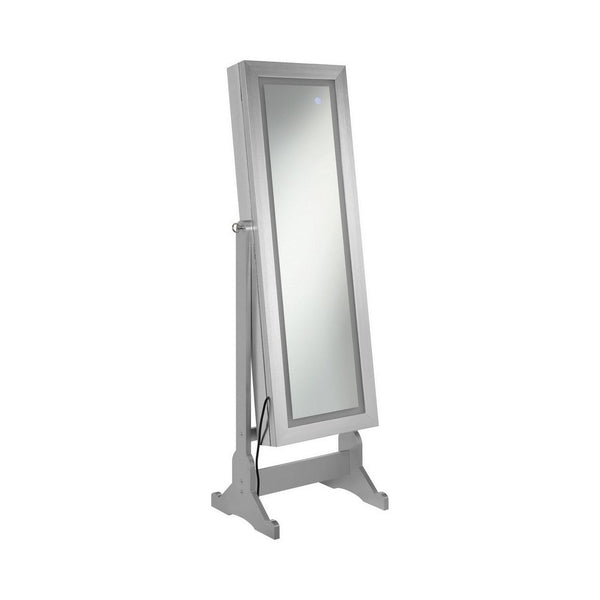 benzara 58 Inch Full Body Floor Cheval Mirror Jewelry Storage LED Silver - BM282017