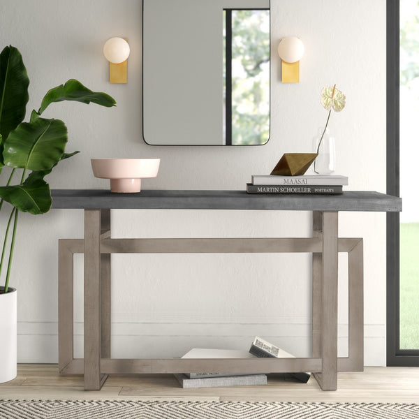 benzara 59 Inch Artisan Crafted Farmhouse Console Table with Geometric Interlocked Base Rustic Light Brown - UPT-262415