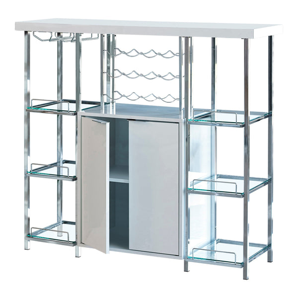 benzara 6 Glass Shelf Metal Frame Bar Cabinet with Power Outlet Clear and Chrome - BM230376