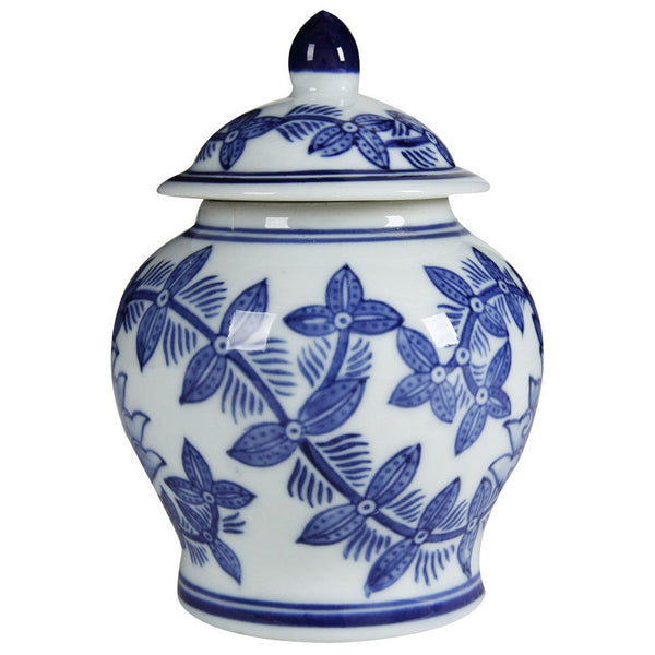 Benzara 6 Inch Porcelain Jar Urn Shape Lid Floral Design Blue White - BM279526