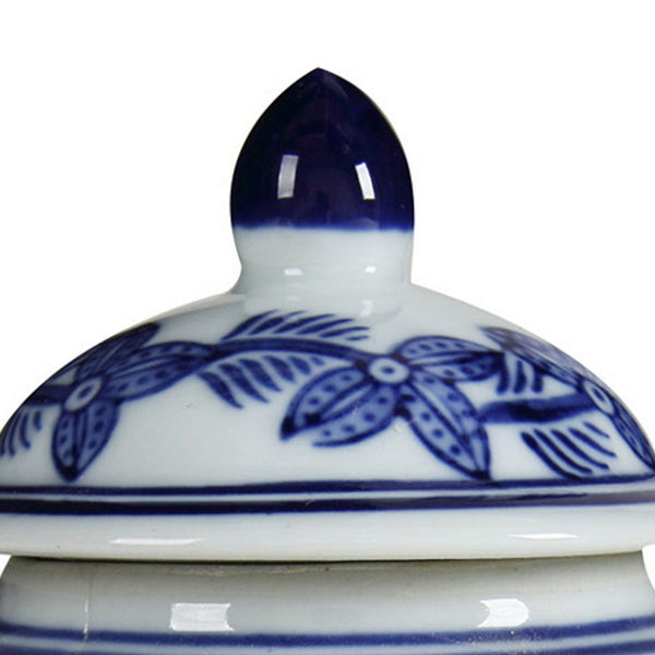 Benzara 6 Inch Porcelain Jar Urn Shape Lid Floral Design Blue White - BM279526