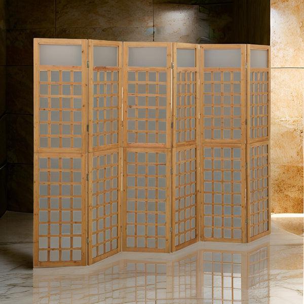benzara 6 Panel Room Divider Trellis Foldable Brown Solid Wood Frame 96 Inch -BM325843