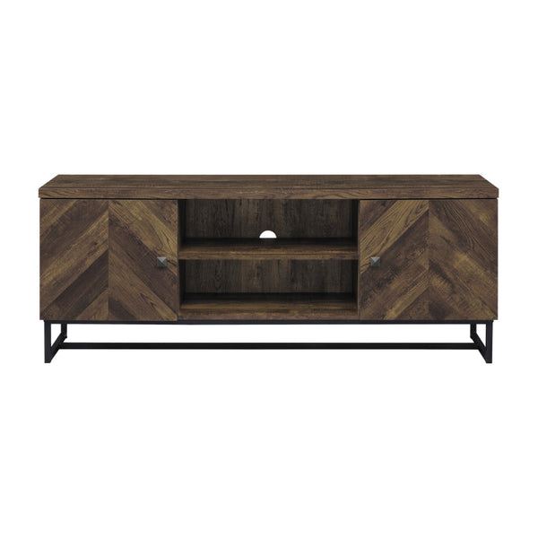 Benzara 60 Inch TV Media Console Cabinet 2 Herringbone Doors Rustic Brown Wood - BM294186