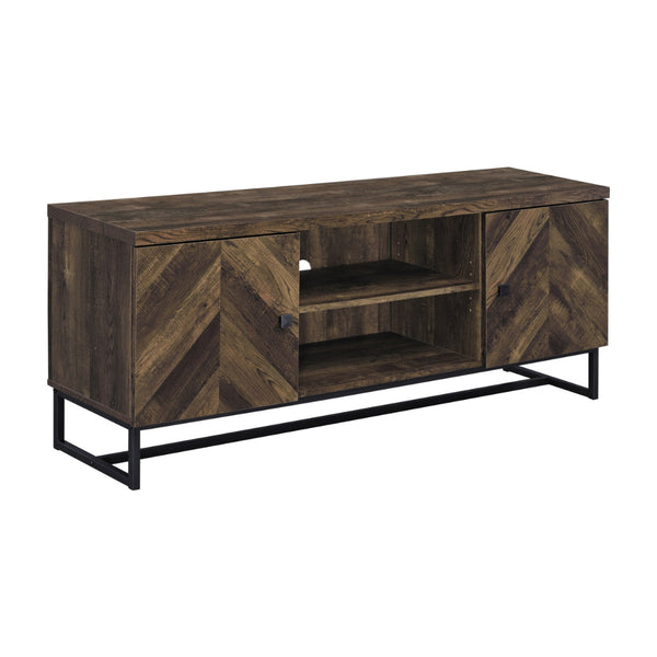 benzara 60 Inch TV Media Console Cabinet 2 Herringbone Doors Rustic Brown Wood - BM294186