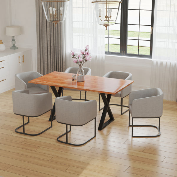 Benzara 67 Inch Rectangular Dining Table With Crossed Black Metal Legs And Natural Brown Faux Live Edge Acacia Wood Top - UPT-273760