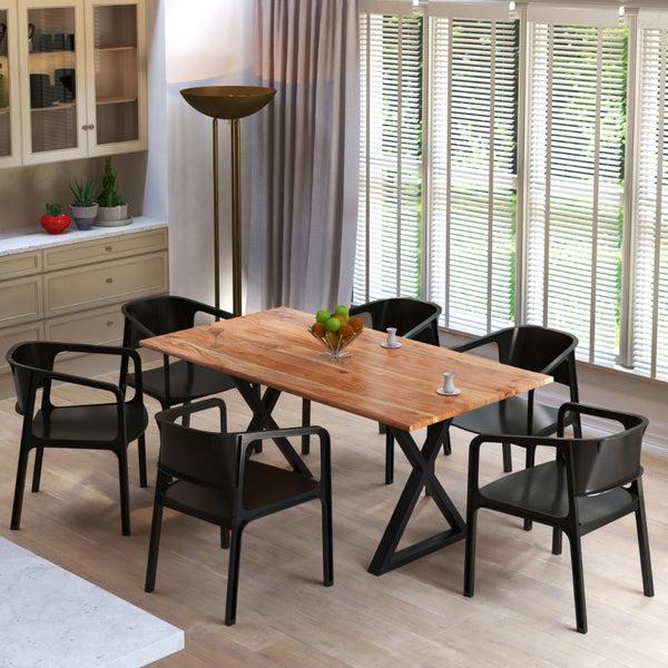 benzara 67 Inch Rectangular Dining Table with Crossed Black Metal Legs and Natural Brown Faux Live Edge Acacia Wood Top - UPT-273760