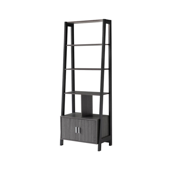 Benzara 70 Inch Ladder Bookcase With Double Door Cabinet 3 Shelves Gray Black - BM302951