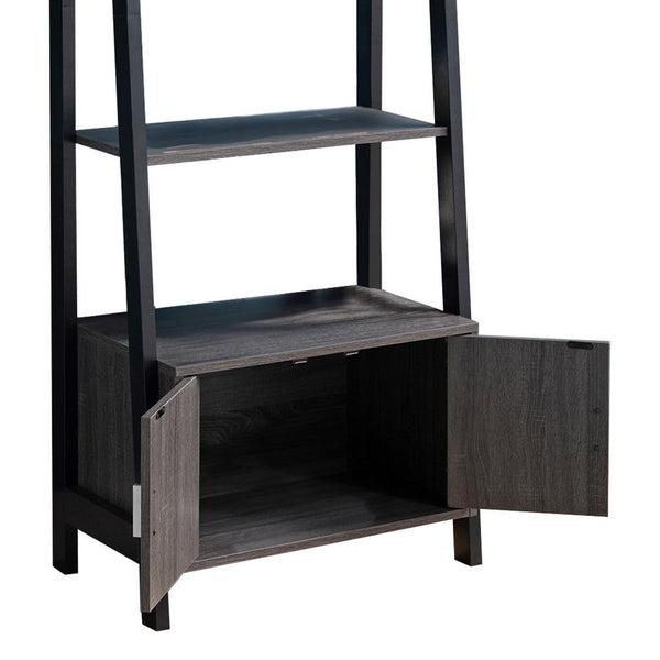 Benzara 70 Inch Ladder Bookcase With Double Door Cabinet 3 Shelves Gray Black - BM302951