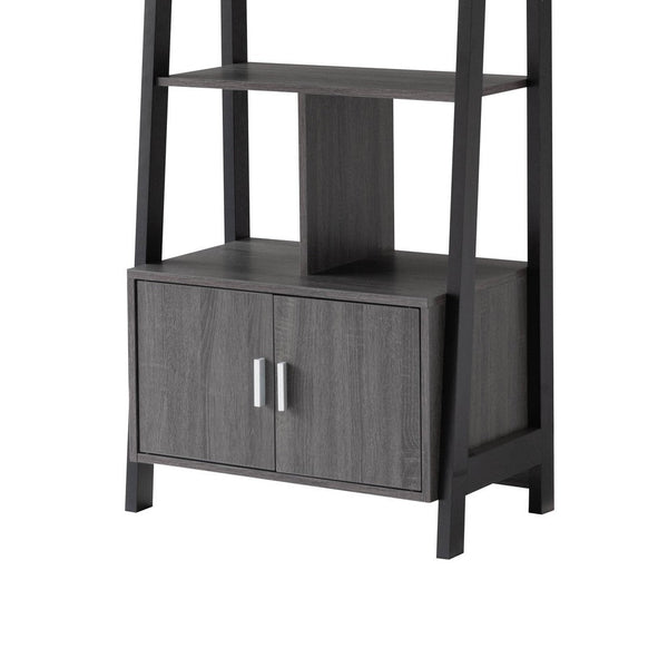 Benzara 70 Inch Ladder Bookcase With Double Door Cabinet 3 Shelves Gray Black - BM302951