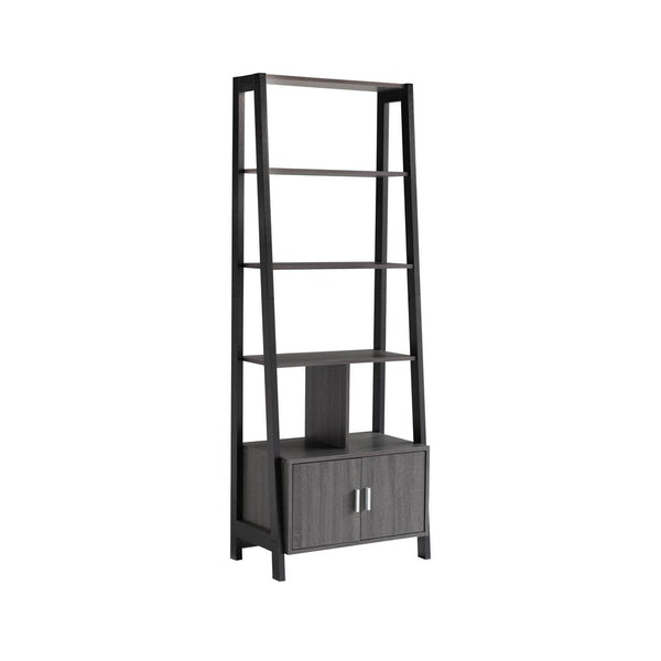 benzara 70 Inch Ladder Bookcase with Double Door Cabinet 3 Shelves Gray Black - BM302951