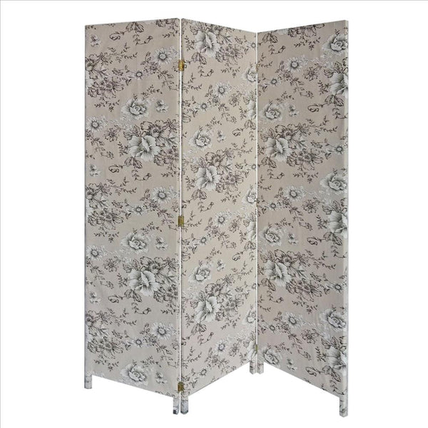 benzara 71 Inch 3 Panel Fabric Room Divider with Floral Print Gray - BM238281