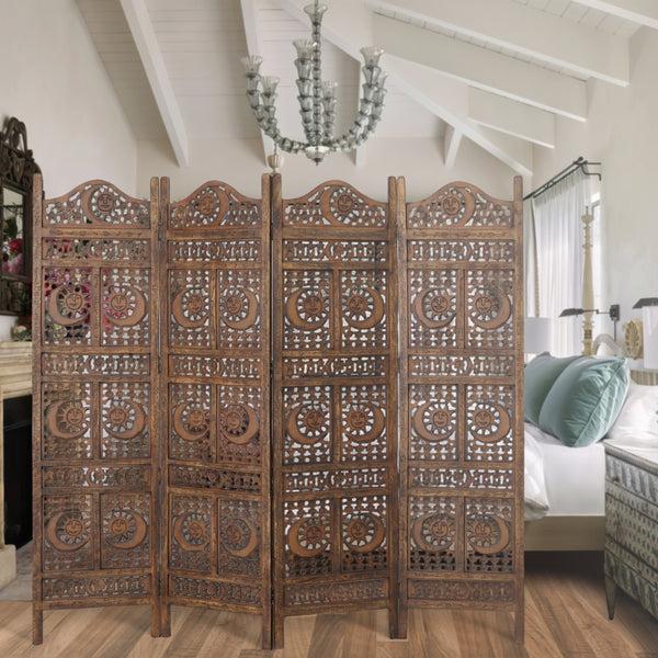 Benzara 71 Inch 4 Panel Mango Wood Room Divider Hand Carved Sun & Moon Design Brown - BM34821