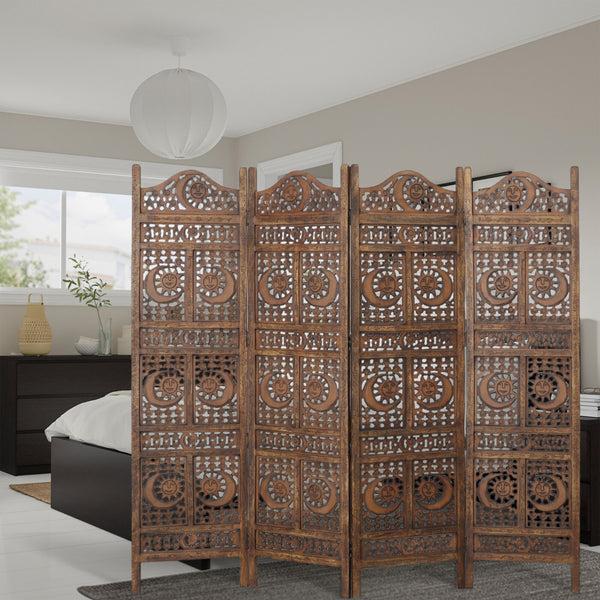 Benzara 71 Inch 4 Panel Mango Wood Room Divider Hand Carved Sun & Moon Design Brown - BM34821