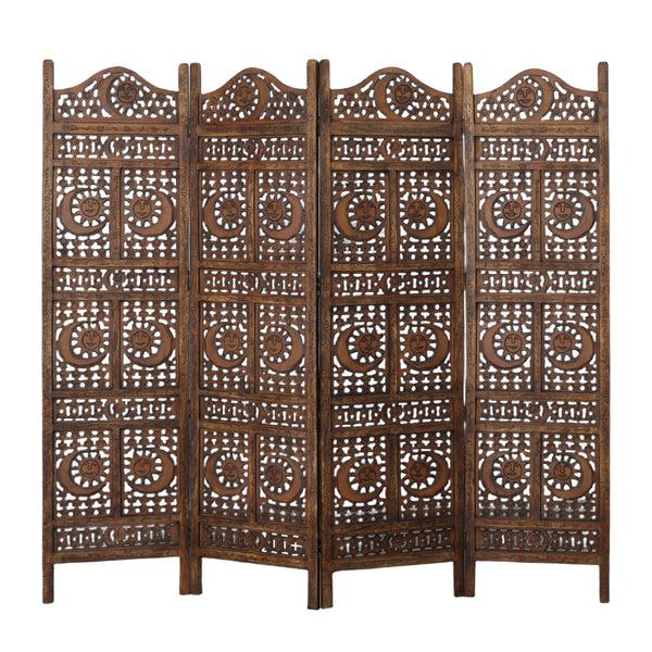 Benzara 71 Inch 4 Panel Mango Wood Room Divider Hand Carved Sun & Moon Design Brown - BM34821