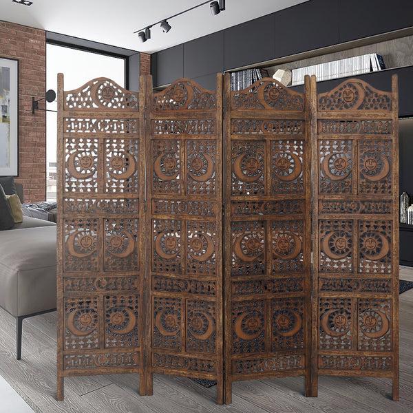 benzara 71 Inch 4 Panel Mango Wood Room Divider Hand Carved Sun & Moon Design Brown - BM34821