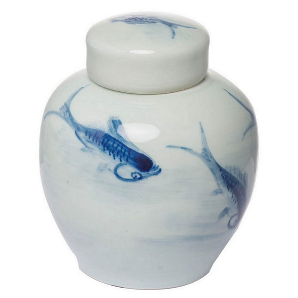 Benzara 8 Inch Lidded Ginger Jar Painted Koi Fish White Blue Porcelain Set Of 2 - BM286405
