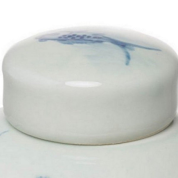 Benzara 8 Inch Lidded Ginger Jar Painted Koi Fish White Blue Porcelain Set Of 2 - BM286405