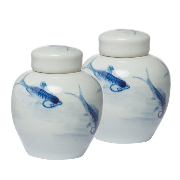 benzara 8 Inch Lidded Ginger Jar Painted Koi Fish White Blue Porcelain Set of 2 - BM286405