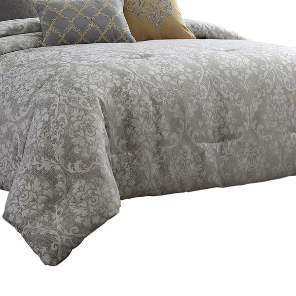 Benzara 8 Piece Queen Polyester Comforter Set With Medallion Print Gray And Gold - BM225182