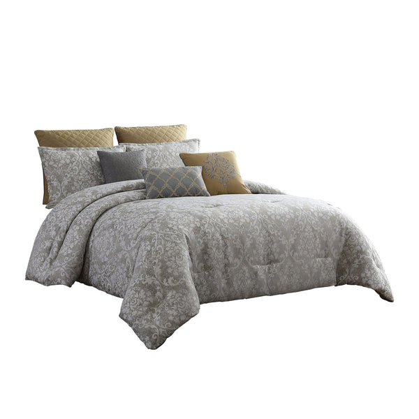 benzara 8 Piece Queen Polyester Comforter Set with Medallion Print Gray and Gold - BM225182