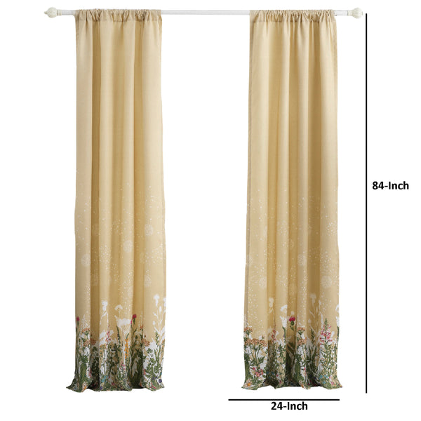 Benzara 84 Inch Window Curtains Beige Microfiber Fabric Wildflower Print Design - BM294295