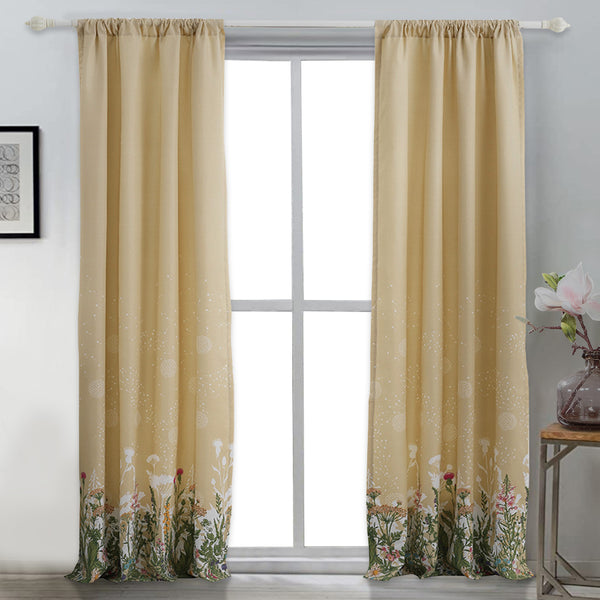 benzara 84 Inch Window Curtains Beige Microfiber Fabric Wildflower Print Design - BM294295