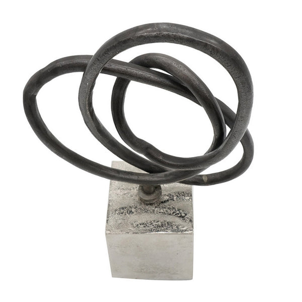 Benzara 9 Inch Table Sculpture Abstract Loop Design Block Base Black Silver - BM302657