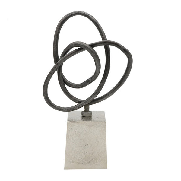 benzara 9 Inch Table Sculpture Abstract Loop Design Block Base Black Silver - BM302657