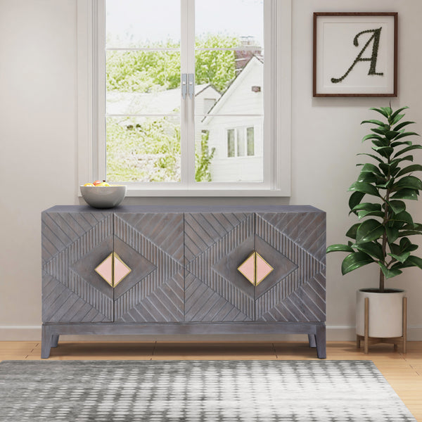 Benzara Abiel 55 Inch Mango Wood Sideboard Buffet Cabinet Console 4 Doors Inner Shelf Ornate Diamond Carving Gray - UPT-276807
