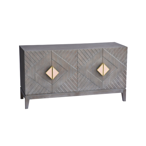 Benzara Abiel 55 Inch Mango Wood Sideboard Buffet Cabinet Console 4 Doors Inner Shelf Ornate Diamond Carving Gray - UPT-276807