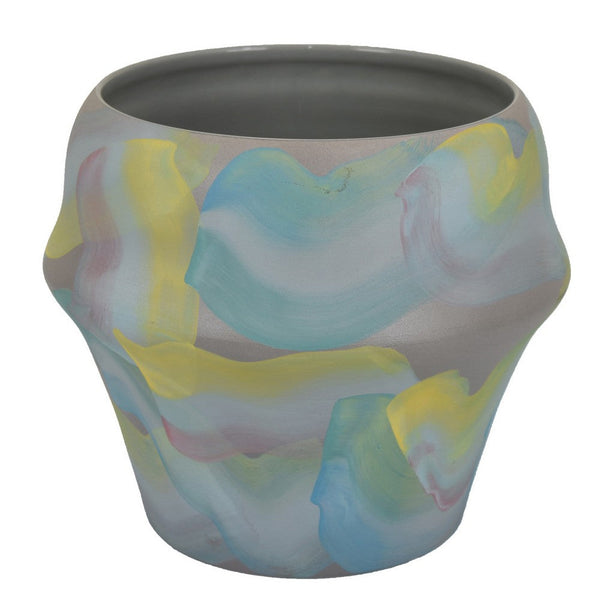 Benzara Accent Flower Vase Brushstroke Pattern Blue Yellow Ceramic 10 Inch -BM330969