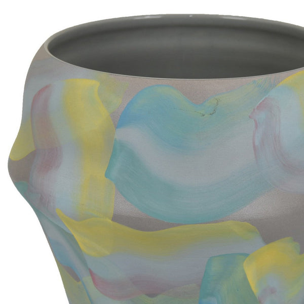 Benzara Accent Flower Vase Brushstroke Pattern Blue Yellow Ceramic 10 Inch -BM330969