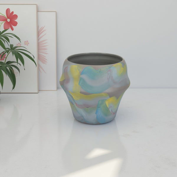 benzara Accent Flower Vase Brushstroke Pattern Blue Yellow Ceramic 10 Inch -BM330969