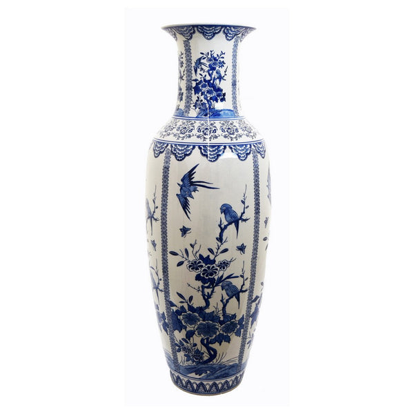Benzara Accent Flower Vase Japanese Pattern Blue White Ceramic 48 Inch -BM330961